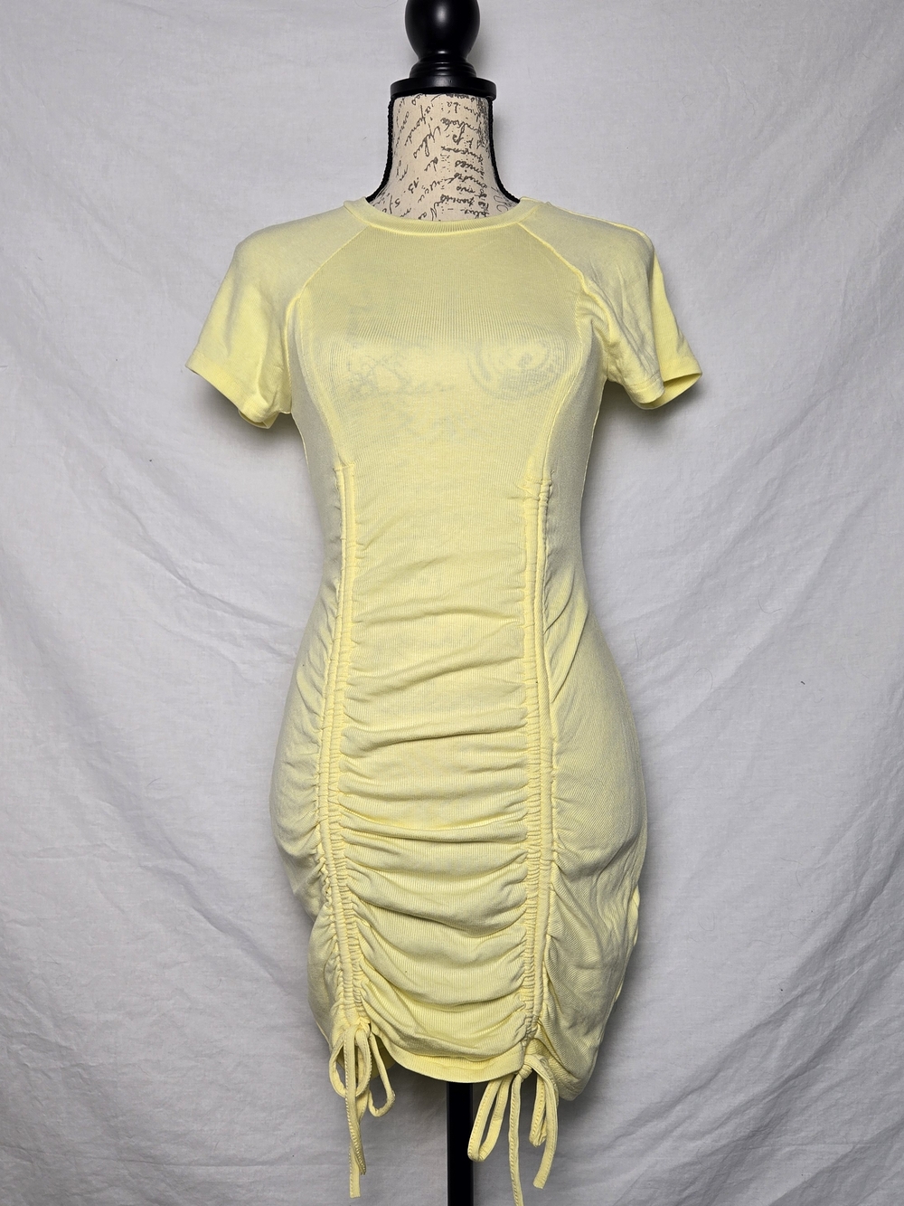 Edit by Nine Yellow Ruched Ribbed Mini Dress | Short Sleeve Drawstring - M